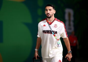 GUADALUPE, MEXICO - JUNE 20: Hazem Mastouri #9 of Tunisia arrives before the FIFA World Cup 2026 Group F match between Tunisia and Japan at Monterrey Stadium on June 20, 2026 in Guadalupe, Mexico. (Photo by Hector Vivas - FIFA/FIFA via Getty Images)