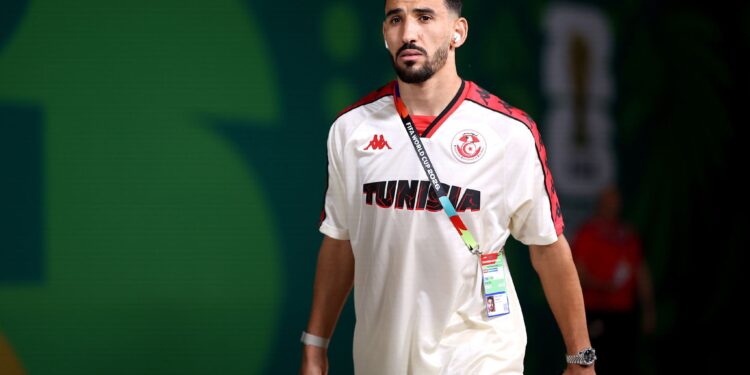 GUADALUPE, MEXICO - JUNE 20: Hazem Mastouri #9 of Tunisia arrives before the FIFA World Cup 2026 Group F match between Tunisia and Japan at Monterrey Stadium on June 20, 2026 in Guadalupe, Mexico. (Photo by Hector Vivas - FIFA/FIFA via Getty Images)