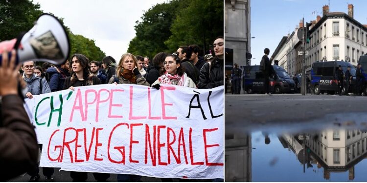 A protester shouts slogans in a megaphone as others hold a banner during a demonstration over learning conditions in Paris on October 22, 2026, as France braced for more demonstrations just days after student and other rallies degenerated into some of the worst street unrest in years. The administrative court has issued an emergency order suspending the decree issued by the Paris Police Prefecture banning a demonstration organised for October 22, 2026 by Interfac Ile-de-France an organisation comprising students from university general assemblies between La Pitie-Salpetriere and Bastille, starting at 2.00 pm. (Photo by JULIEN DE ROSA / AFP)