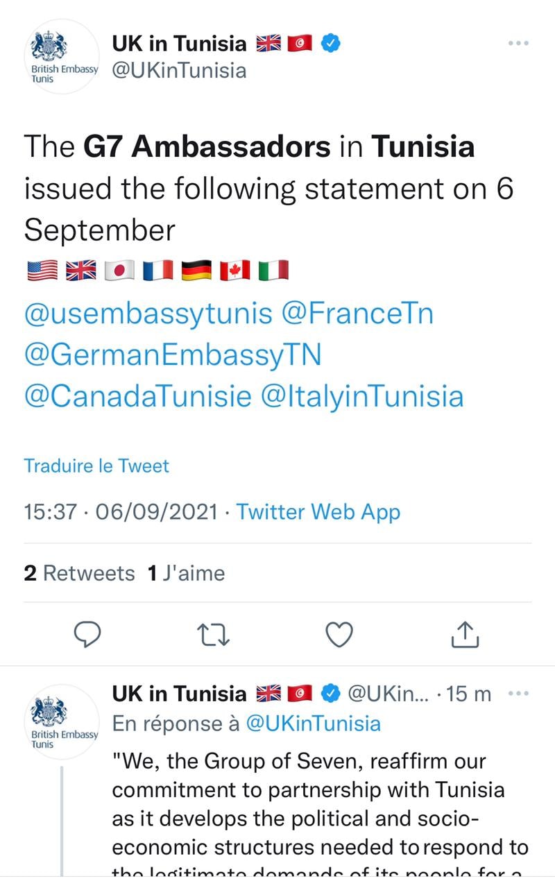 Tunisie : Les ambassadeurs du G7 appellent à la formation rapide d'un gouvernement