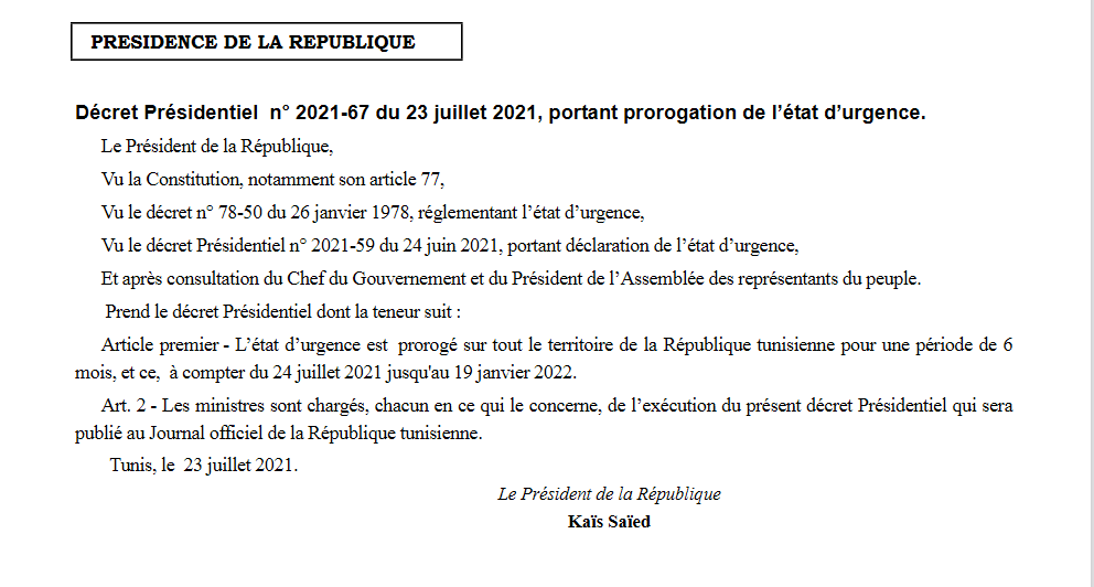 Tunisie: prolongation d'une durée de six mois de l'état d'urgence