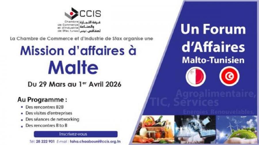 Tunisie-Malte : Une mission d'affaires du 29 mars au 1 avril 2026 (CCIS)