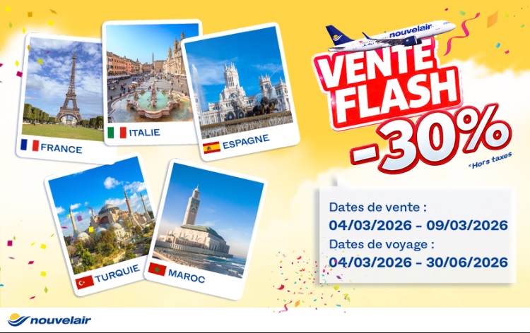"Vente Flash" nouvelair: La France, l’Italie, l’Espagne, la Turquie et le Maroc à -30%