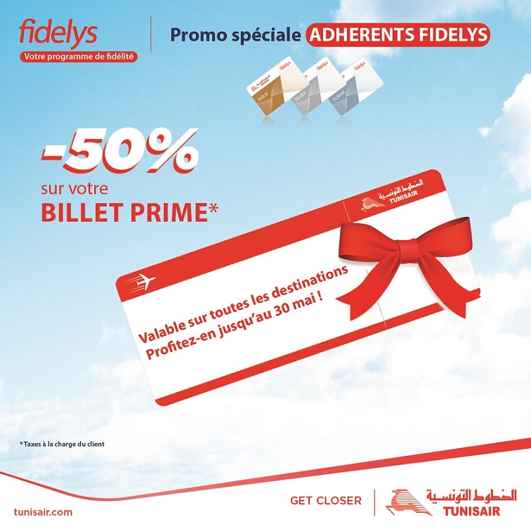 Tunisair: Offre Spéciale Fidelys de -50 % sur les billets Prime !