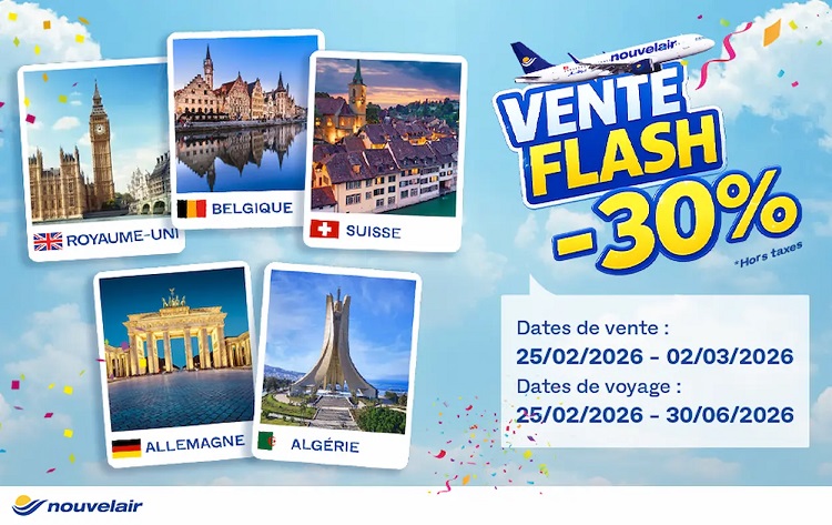 Nouvelair lance sa "Vente Flash": -30 % vers le Royaume-Uni, la Belgique, la Suisse, l’Allemagne et l’Algérie