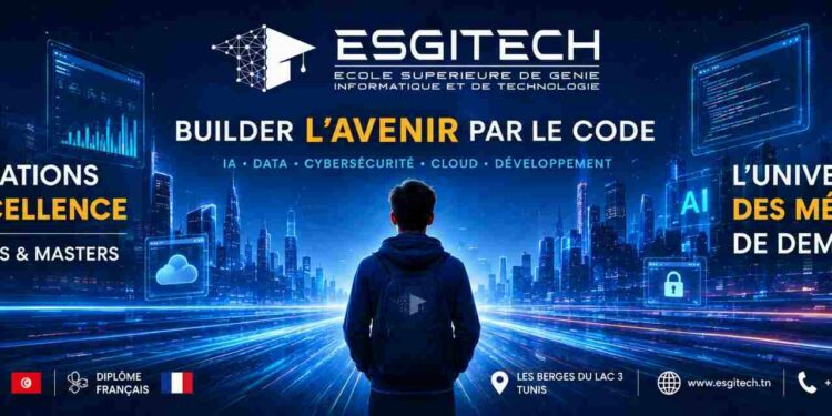 ESGITECH x ECE Paris : les étudiants tunisiens au cœur de la tech IA, Data, Cybersécurité, Cloud : les compétences de demain se construisent aujourd'hui à ESGITECH. À l'heure où l'Intelligence Artificielle, la Data, la Cybersécurité, le Cloud et les technologies émergentes redessinent profondément le marché de l'emploi, le choix d'une formation devient plus que jamais un choix d'avenir. Première université privée tunisienne exclusivement spécialisée en informatique, ESGITECH poursuit depuis plusieurs années une ambition claire : former des talents capables de comprendre, maîtriser et accompagner les transformations technologiques qui façonnent les métiers de demain. Agréée par le Ministère tunisien de l'Enseignement Supérieur et de la Recherche Scientifique, ESGITECH s'est construite autour d'une spécialisation exclusive dans les métiers de l'informatique, du numérique et des technologies émergentes. Cette expertise lui permet de maintenir une veille académique et technologique continue et de faire évoluer ses formations au rythme des mutations du marché de l'emploi, avec un objectif : proposer aux étudiants des compétences directement valorisables et alignées sur les besoins réels des entreprises. Aujourd'hui, cette ambition franchit une nouvelle étape avec la mise en place d'un partenariat stratégique avec ECE Paris, la Grande École française de l'ingénierie numérique, ouvrant aux étudiants ESGITECH de nouvelles perspectives de poursuite d'études et de spécialisation en France.