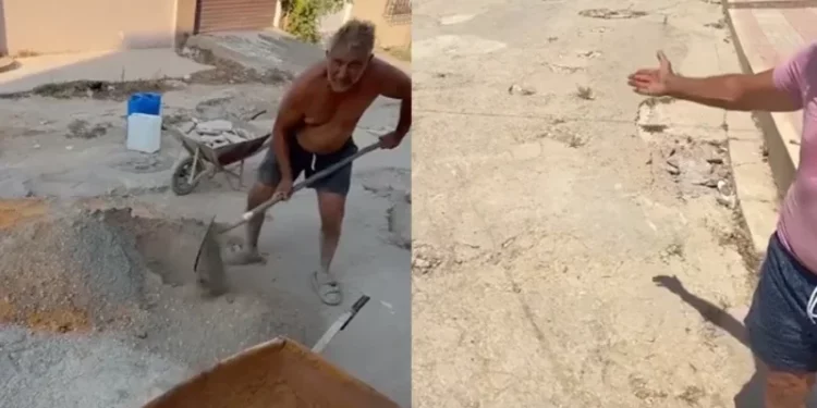 Bizerte : un touriste étranger répare lui-même les nids-de-poule d’une rue